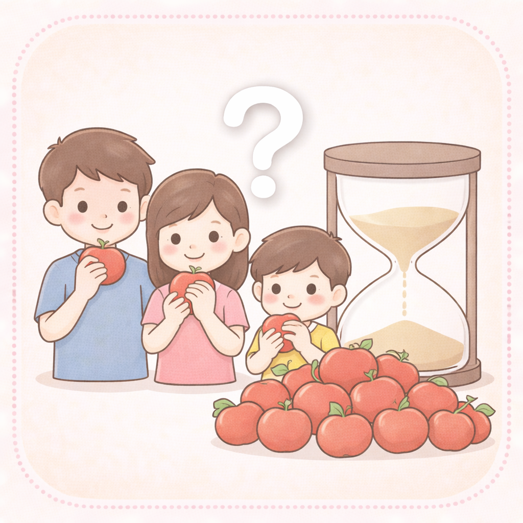 【大人向け なぞなぞ】Q133 3人でリンゴを3分で3個食べました。では、100人で100個のリンゴを食べるのに何分かかるでしょう？