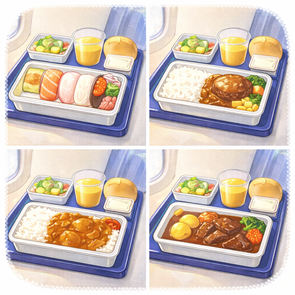 【大人向け なぞなぞ】Q72 機内食でないものは、次のうちどれ？「お寿司」「ハンバーグ」「チキンカレー」「ビーフシチュー」