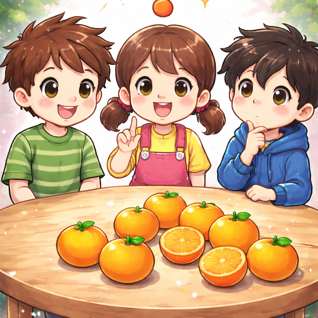 【ひっかけ なぞなぞ】Q207 7このみかんを3人で同じ量にわけるにはどうしたらいい？